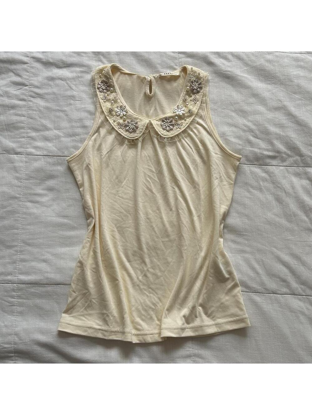 Axes Femme Cream White Floral Embroidered Pearl Collar Tank Top Size M Japan